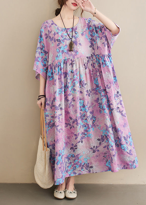 Botanical Print Round Neck Drop Shoulder Short Sleeve Empire Waist Smock Maxi Dress