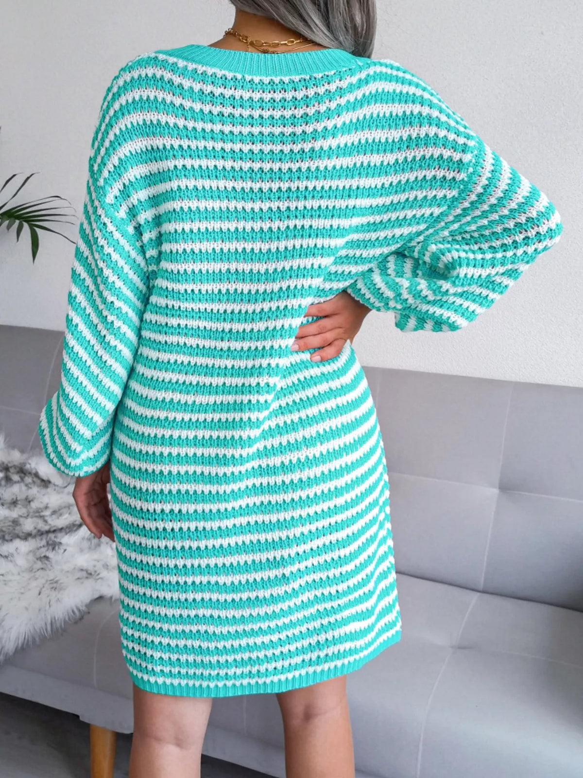 Striped Knit V-Neck Balloon Sleeve Oversized Sweater Dress 9