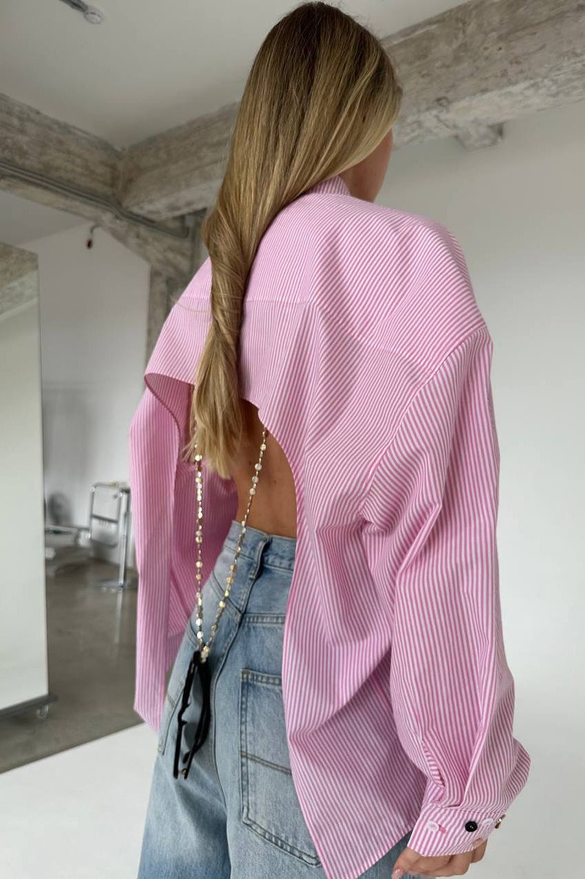 Striped Collared Tie Front Flap Pocket Oversized Shirt 4