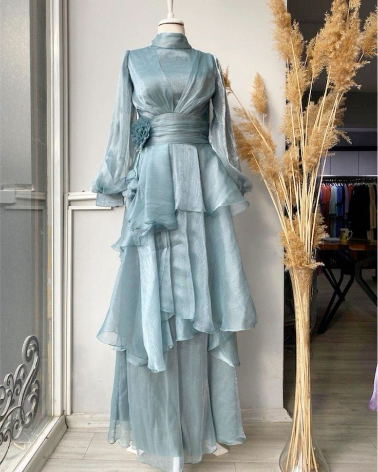 Blue Modest Long Sleeves Multi Layered Prom Dress A Line Party Dress cc1727