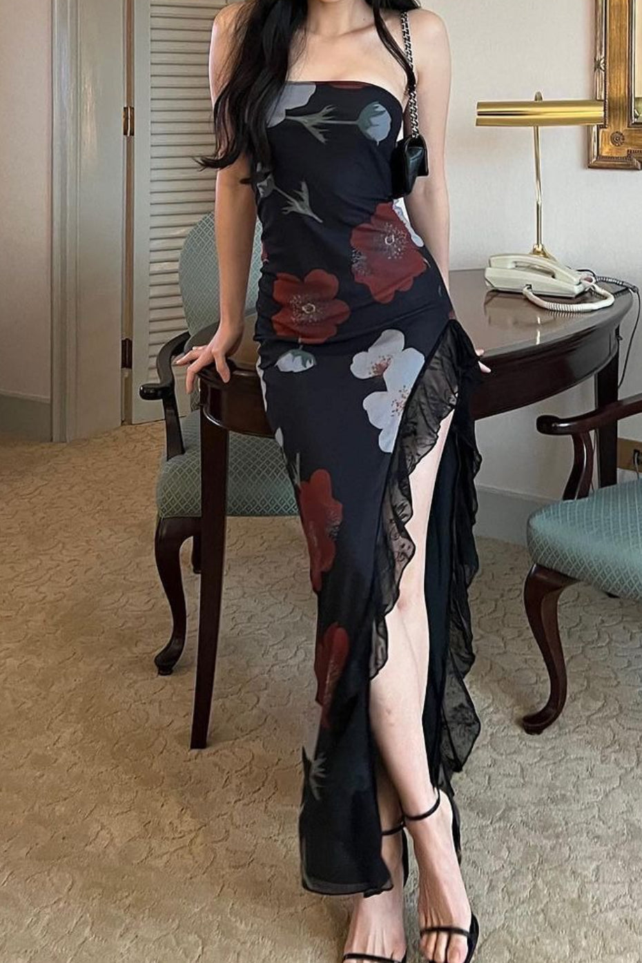 Off Shoulder Mesh Strapless Slit Slim Floral Dress 4