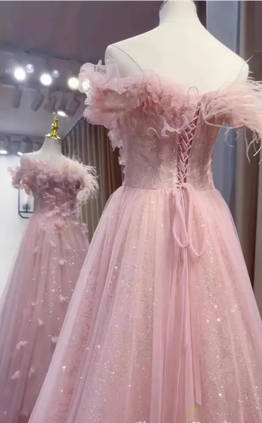 Pink Fairy Feathers Sequins Appliques Evening Dress A Line Formal Ball Gown cc1646