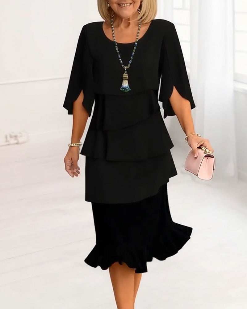 Round Neck Half Sleeve Tiered Ruffle Midi Dress