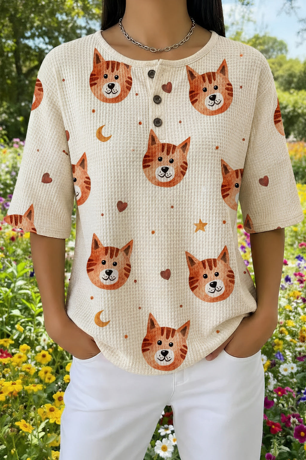 Cartoon Cat Face Heart Print Waffle Knit Short Sleeve Henley Top