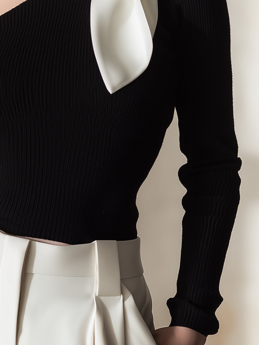 One Shoulder Cut Out Choker Neck Bow Long Sleeve Knit Top
