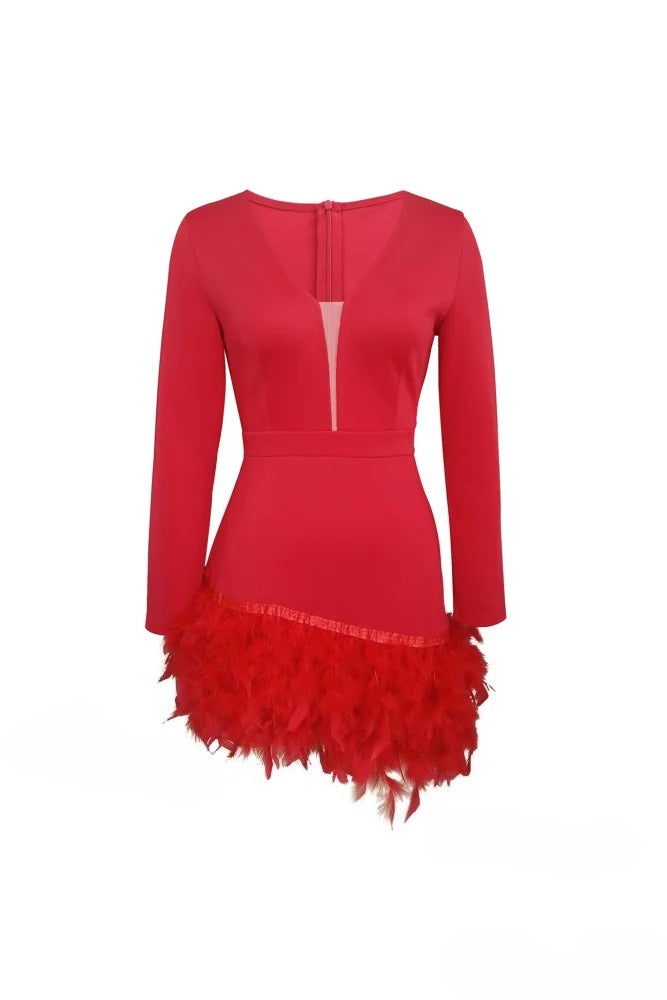 Deep V-Neck Long Sleeve Feather Trim Hem Bodycon Mini Dress 7