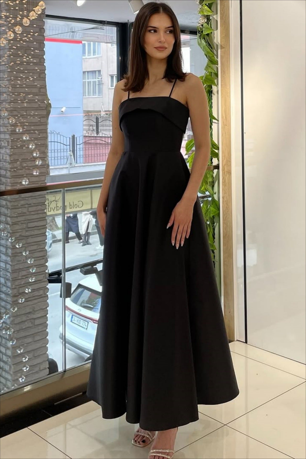 Spaghetti Strap Fit and Flare A-Line Midi Dress