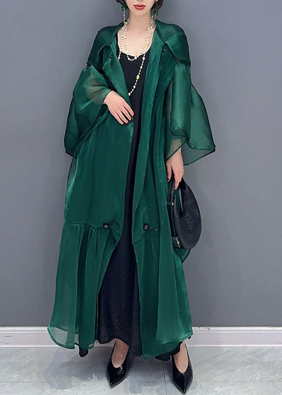 Sheer Pointed Collar Bell Sleeve Tiered Ruffle Oversized Midi Dress