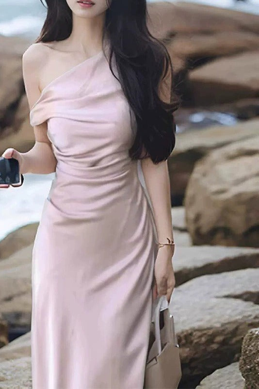 Satin Asymmetrical Cowl Neck Mermaid Gown Silk Dress in Champagne - View 4