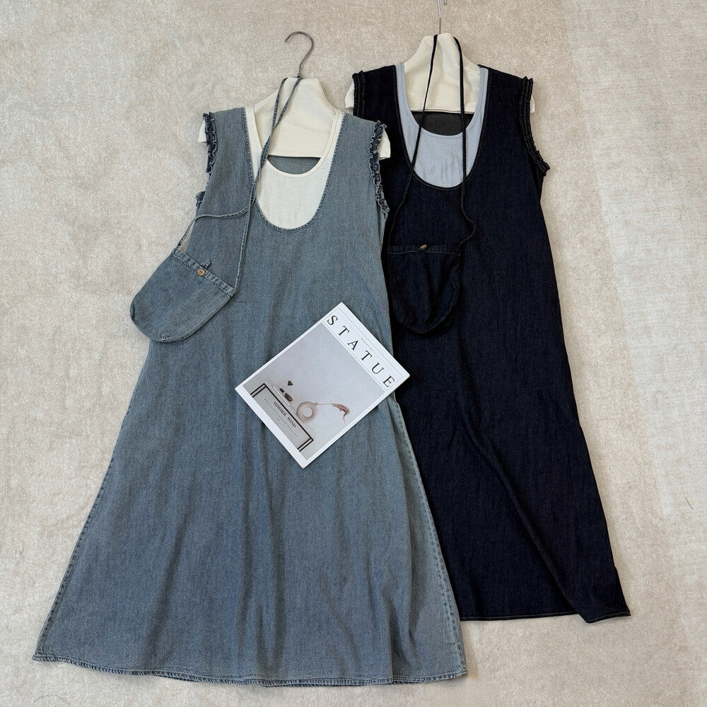 Faux Two Piece Denim Sleeveless Ruffle Trim A-Line Midi Dress