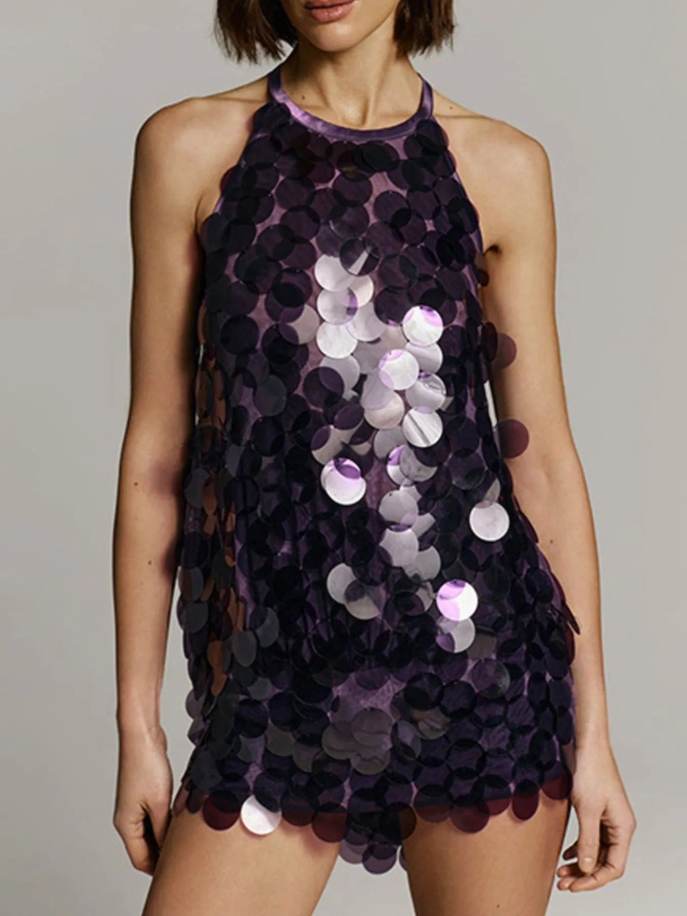 Plum Purple Backless Sequined Halter Neck Mini Dress – Sparkly Party Dress for Women | Swageye Plum Purple