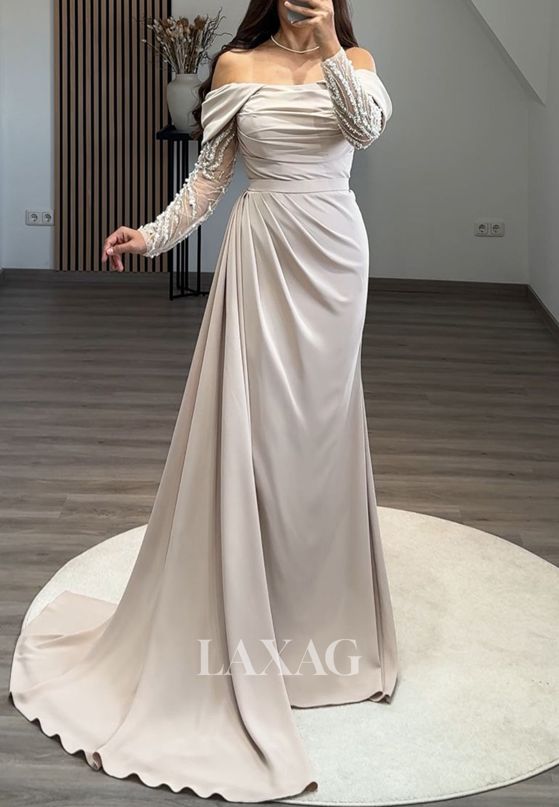 Tube Top Long Sleeves Satin Formal Gowns Off-Shoulder Beaded Pleated Mermaid Prom Dress