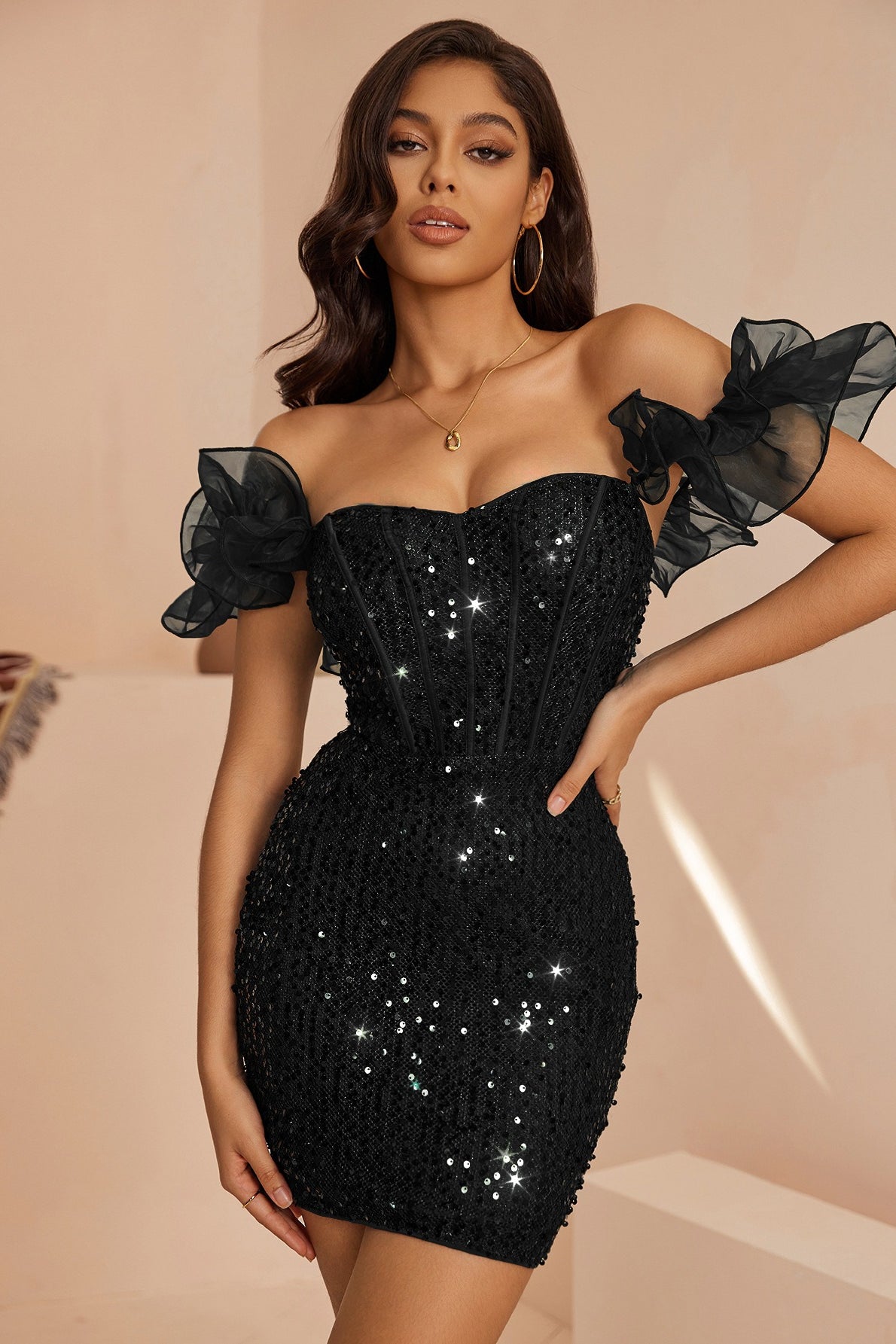 Sequin Off Shoulder Ruffle Sleeve Corset Bodycon Mini Dress - View 10