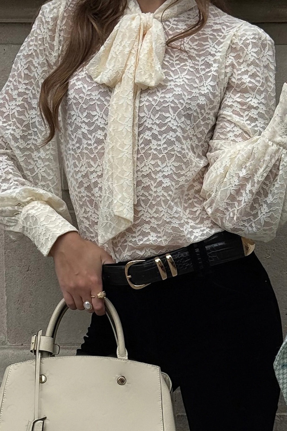 Floral Lace Bow Tie Neck Long Sleeve Sheer Blouse 3