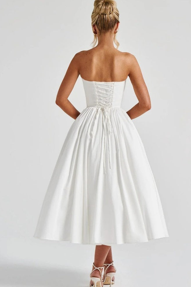 Strapless Bow Corset Satin Fit and Flare Midi Dress