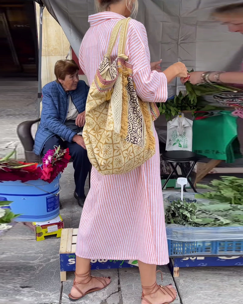 Sonia Effortless Striped Casual Dress with Cuffs and Slits Boutique Collection