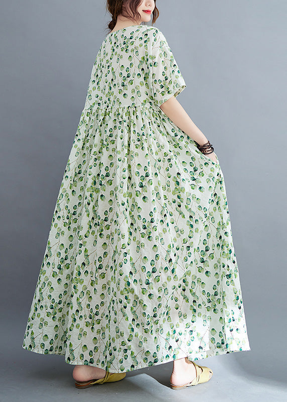 Leaf Print Round Neck Short Sleeve Empire Waist Oversized Maxi Dress