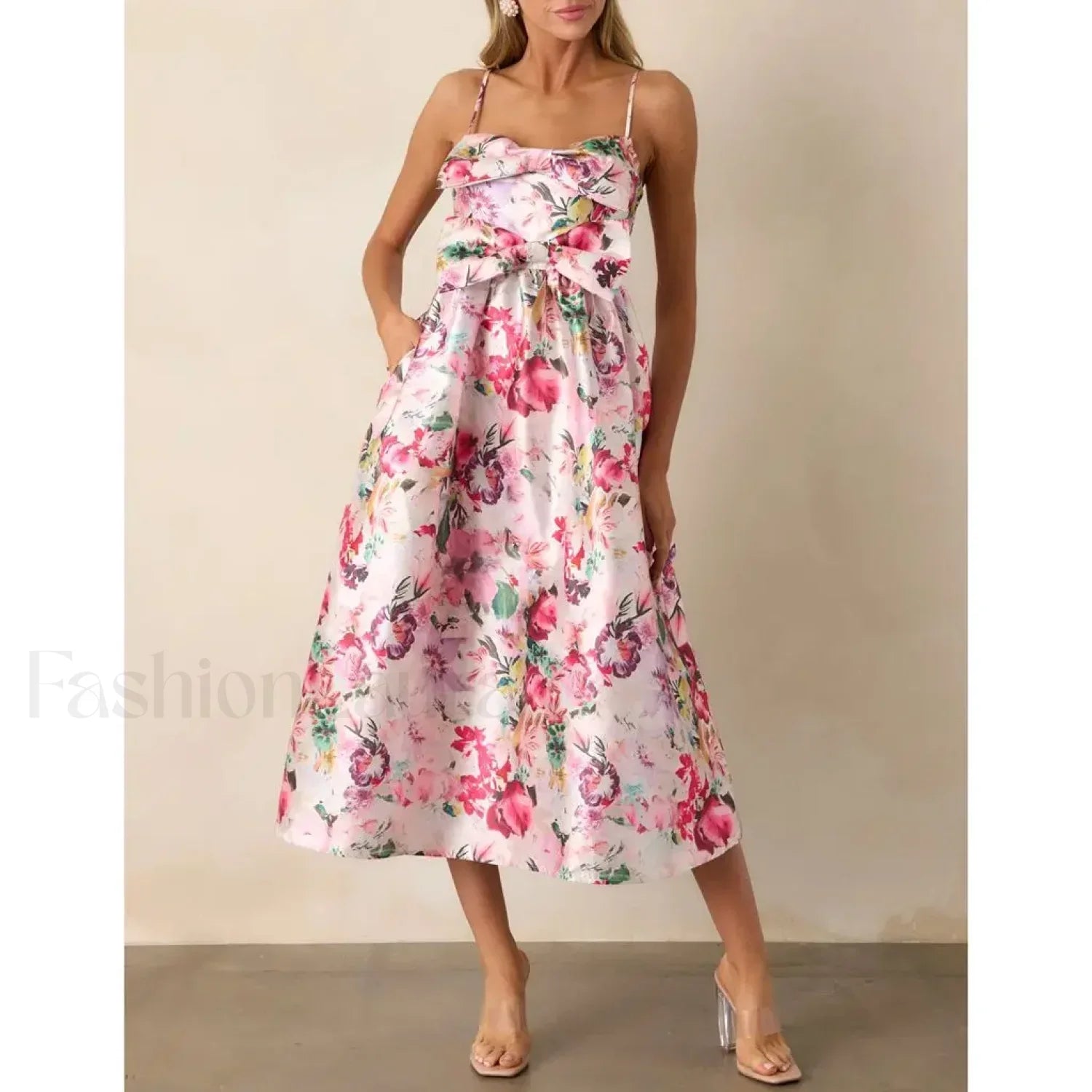 3D Bow Spaghetti-Strap Midi Dress