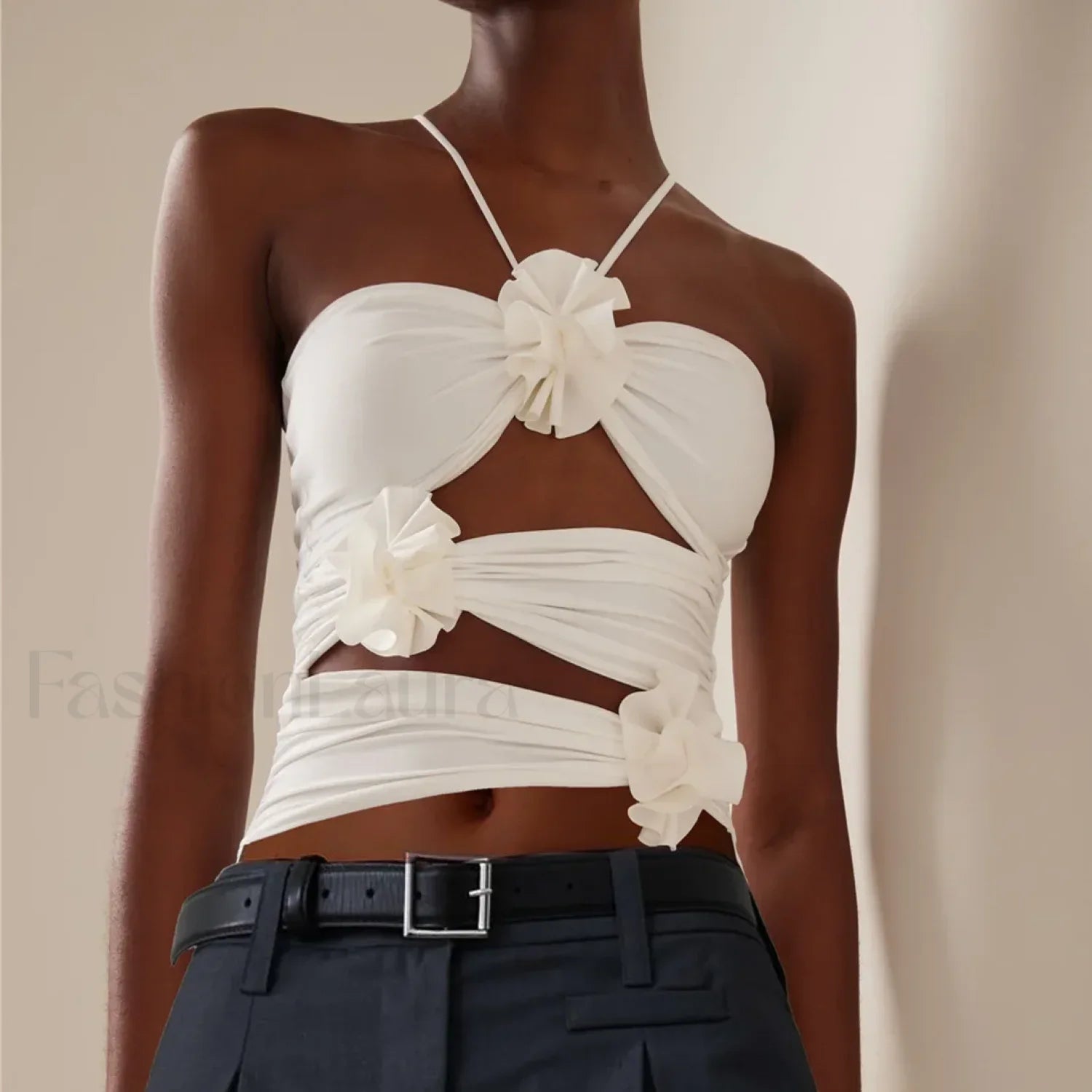 3D Floral Cut Out Crop Top WHITE / S