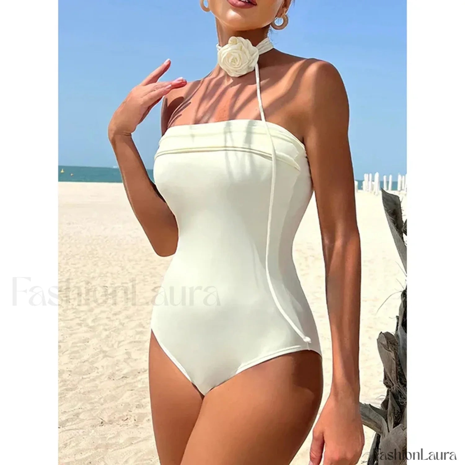 3D Floral Halter Solid One Piece