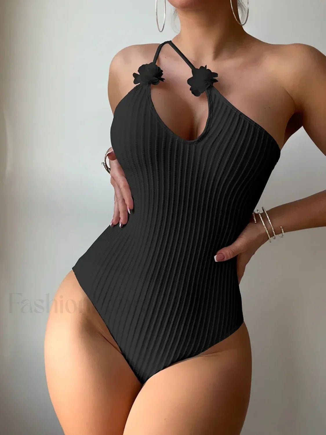 3D Floral Single Shoulder Backless One Piece Black / S