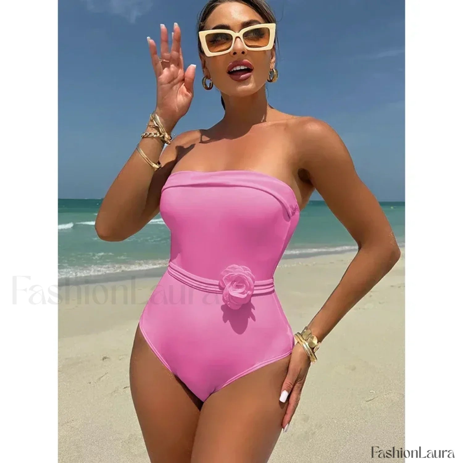 3D Floral Strapless White One Piece