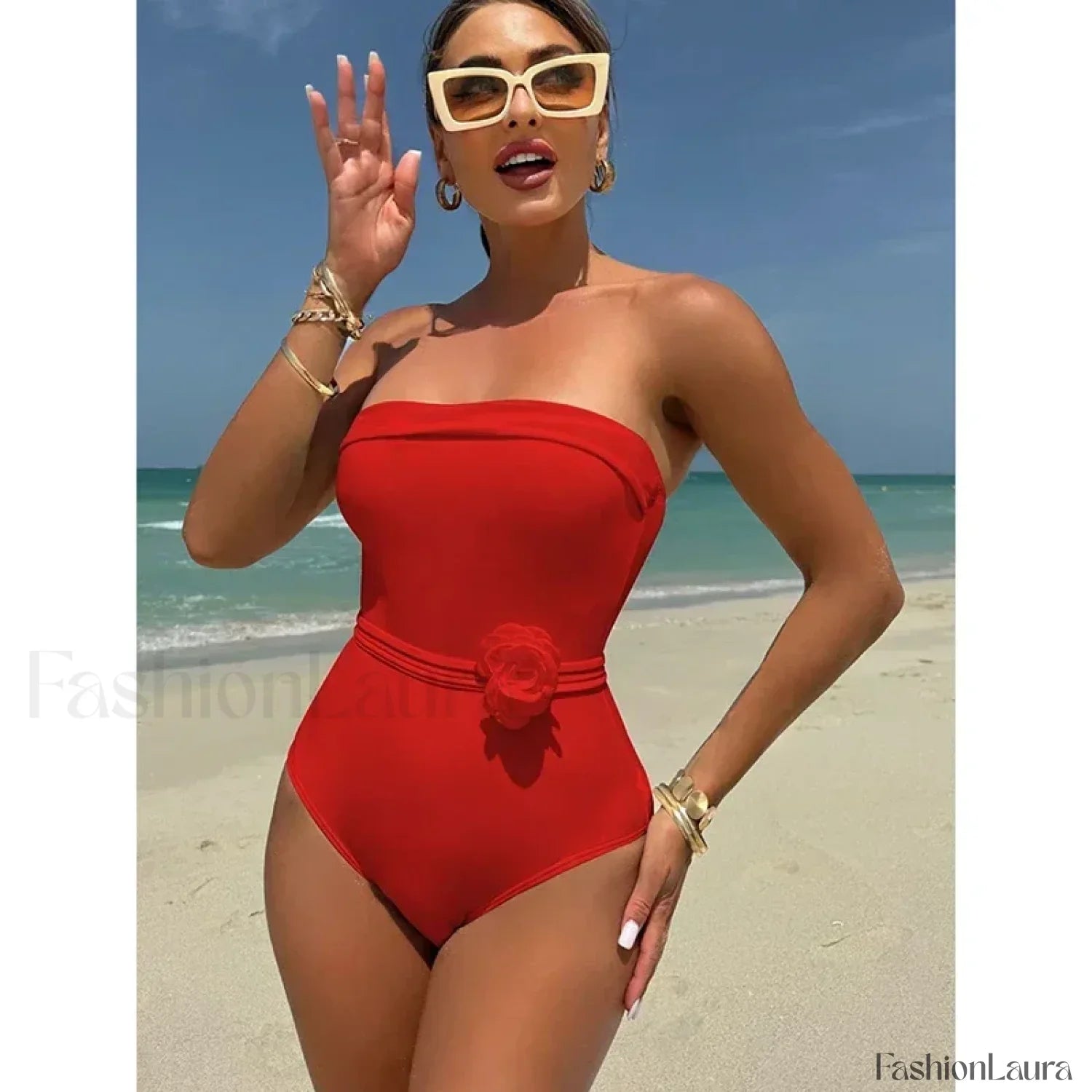 3D Floral Strapless White One Piece