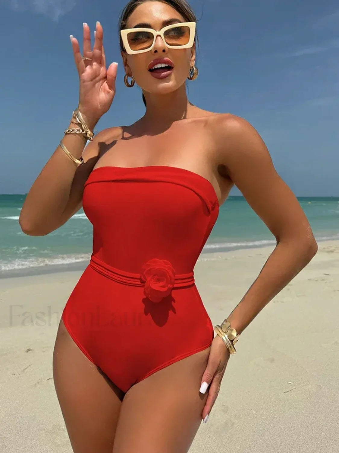 3D Floral White Strapless One Piece