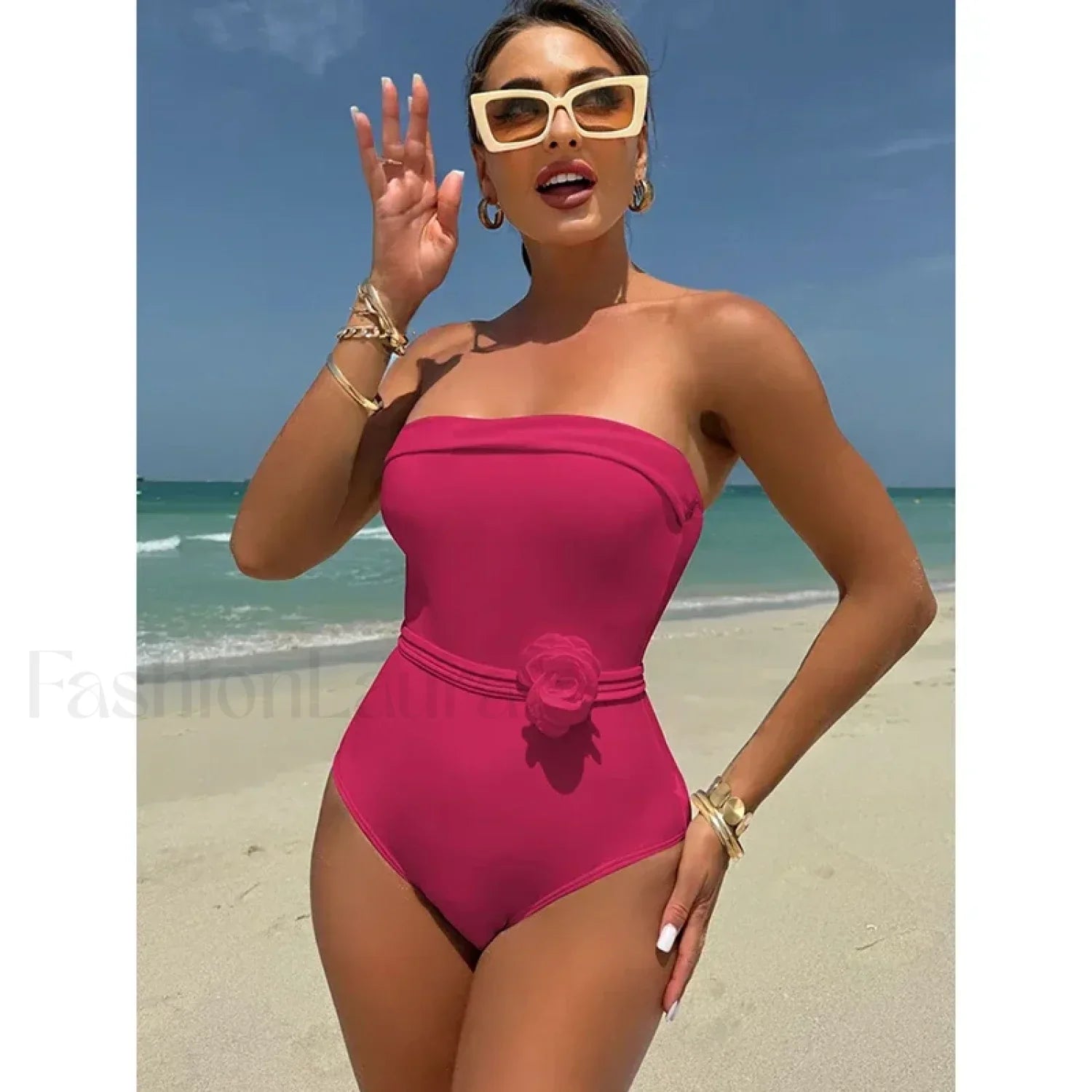 3D Floral White Strapless One Piece