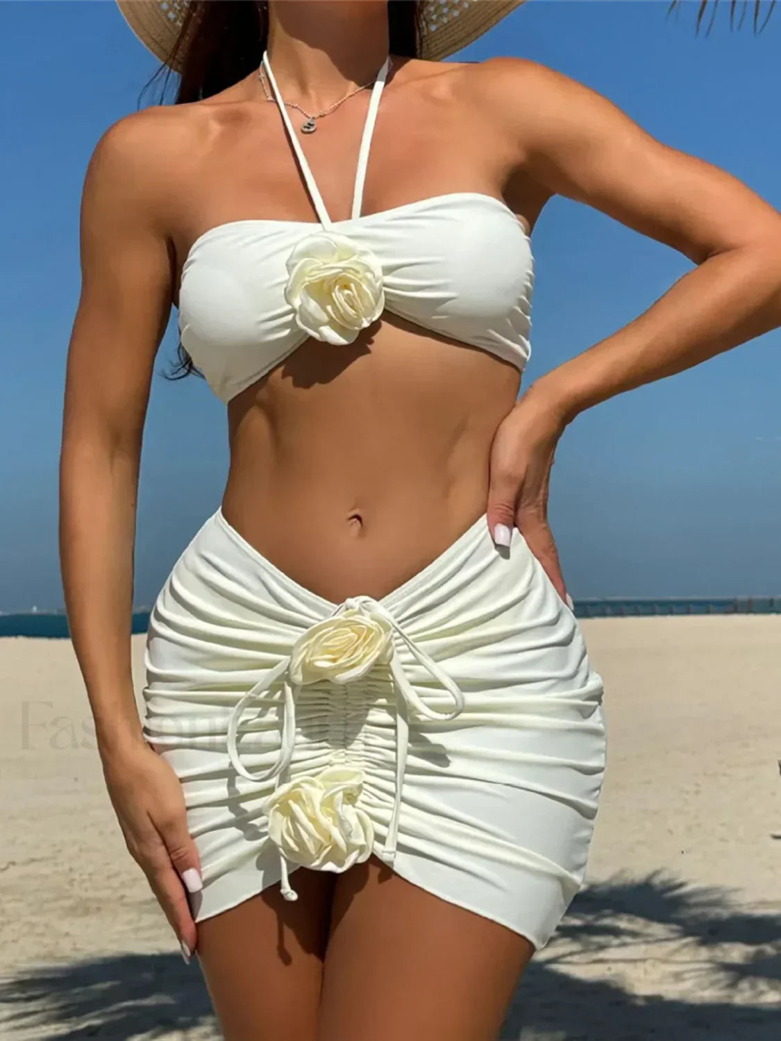3D Flower Brazilian Skirt Three Piece Set WHITE / S