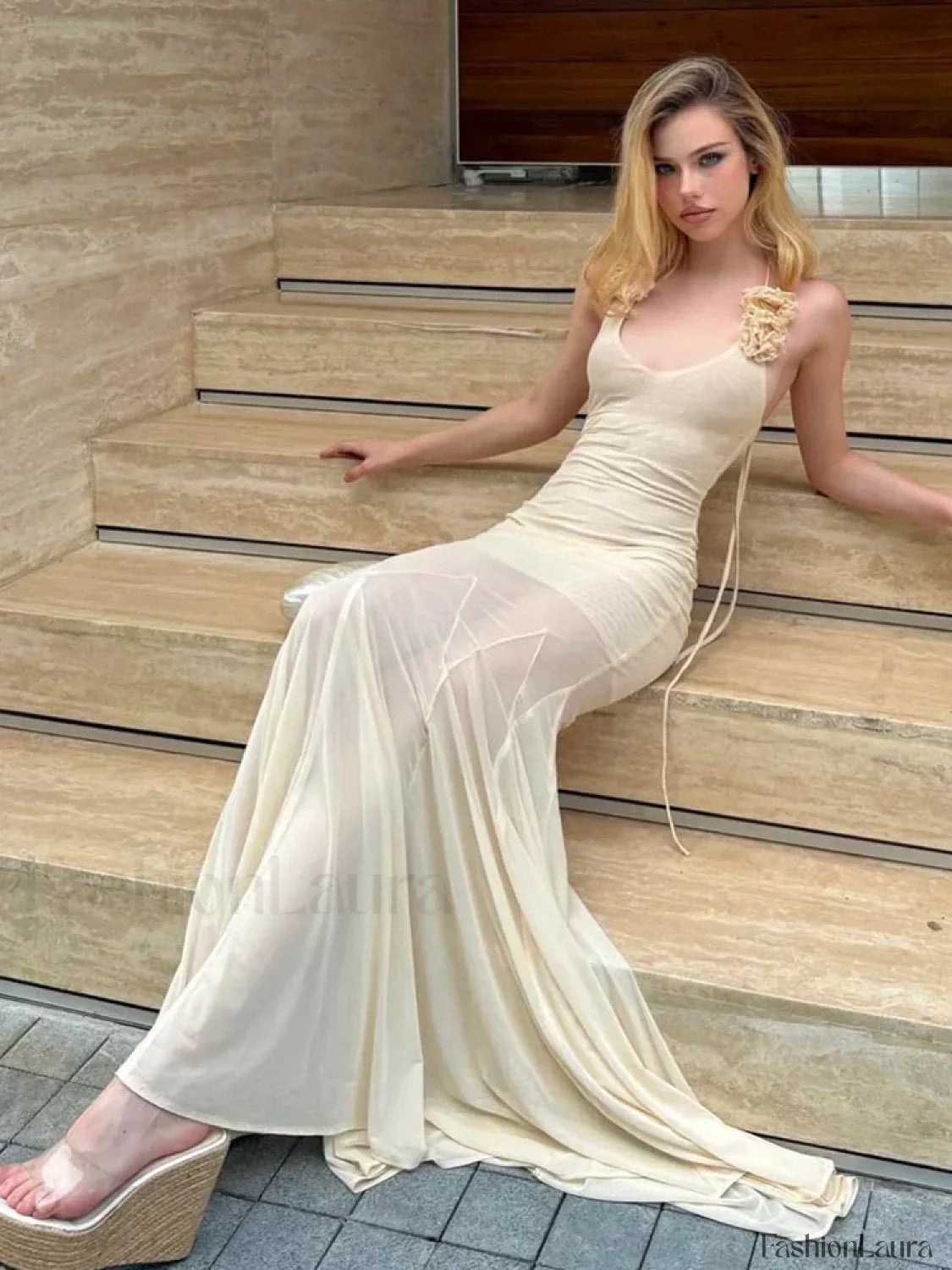 3D Flower Patchwork Halter Maxi Dress