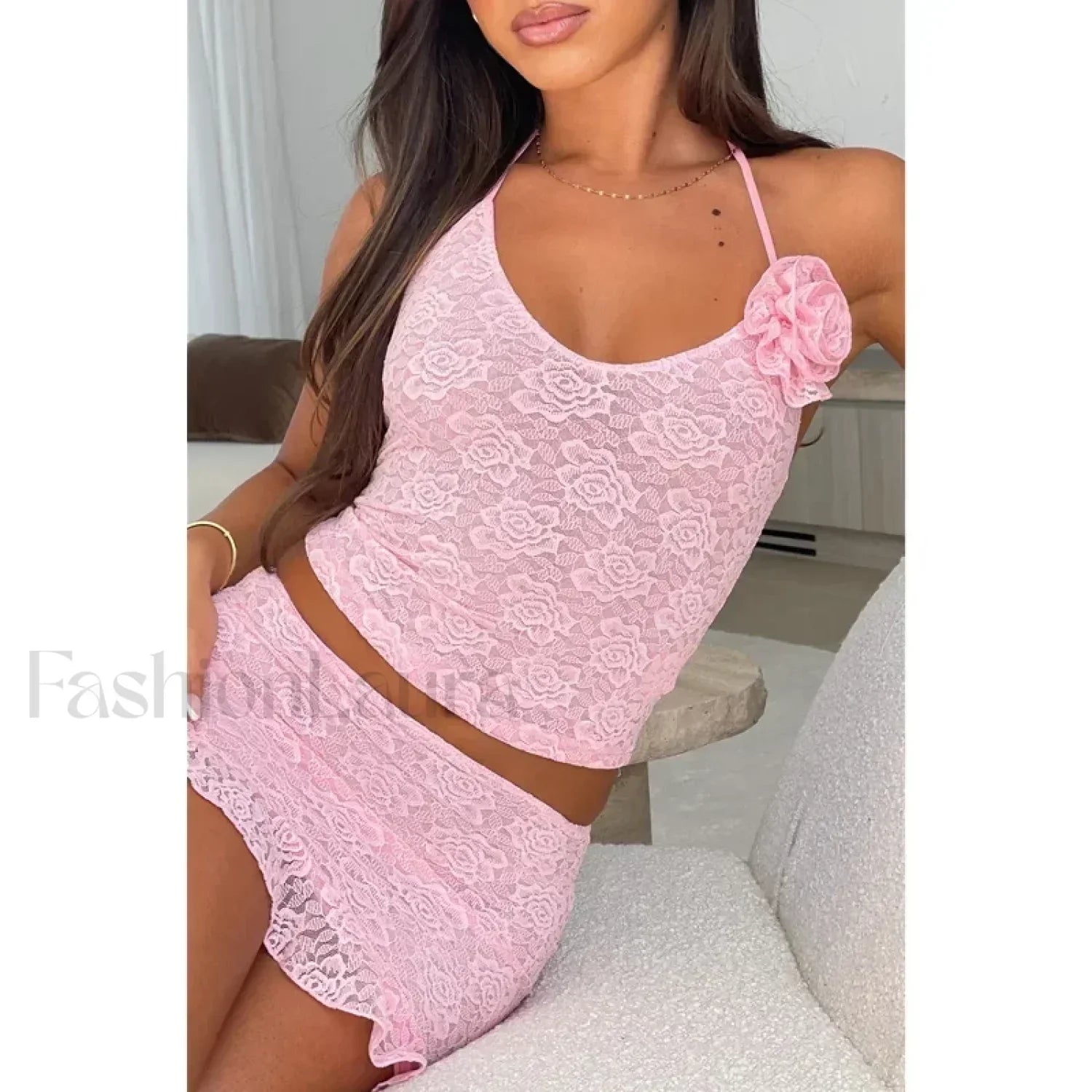 3D Flower Ruffle Mini Skirt Two Piece Set Pink / S
