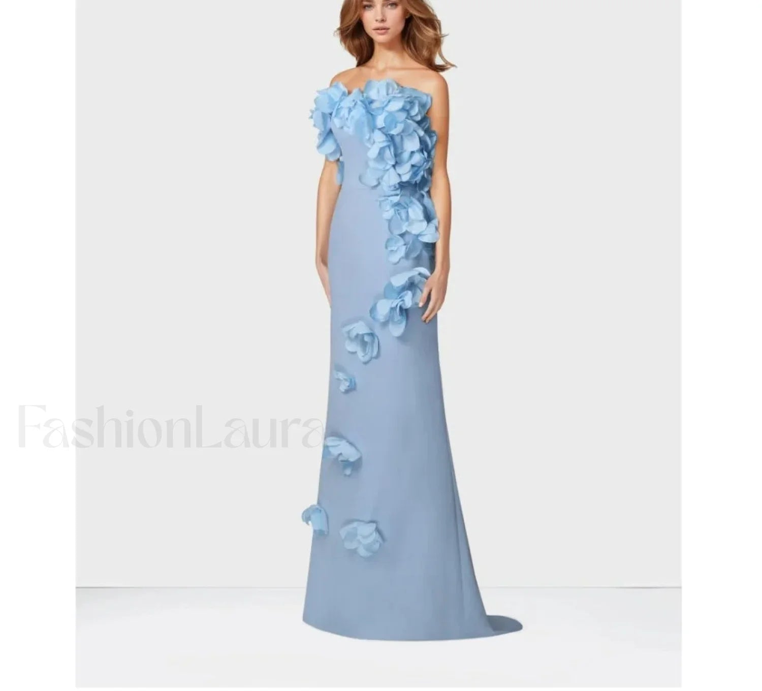 3D Flowers Blue Mermaid Maxi Dress