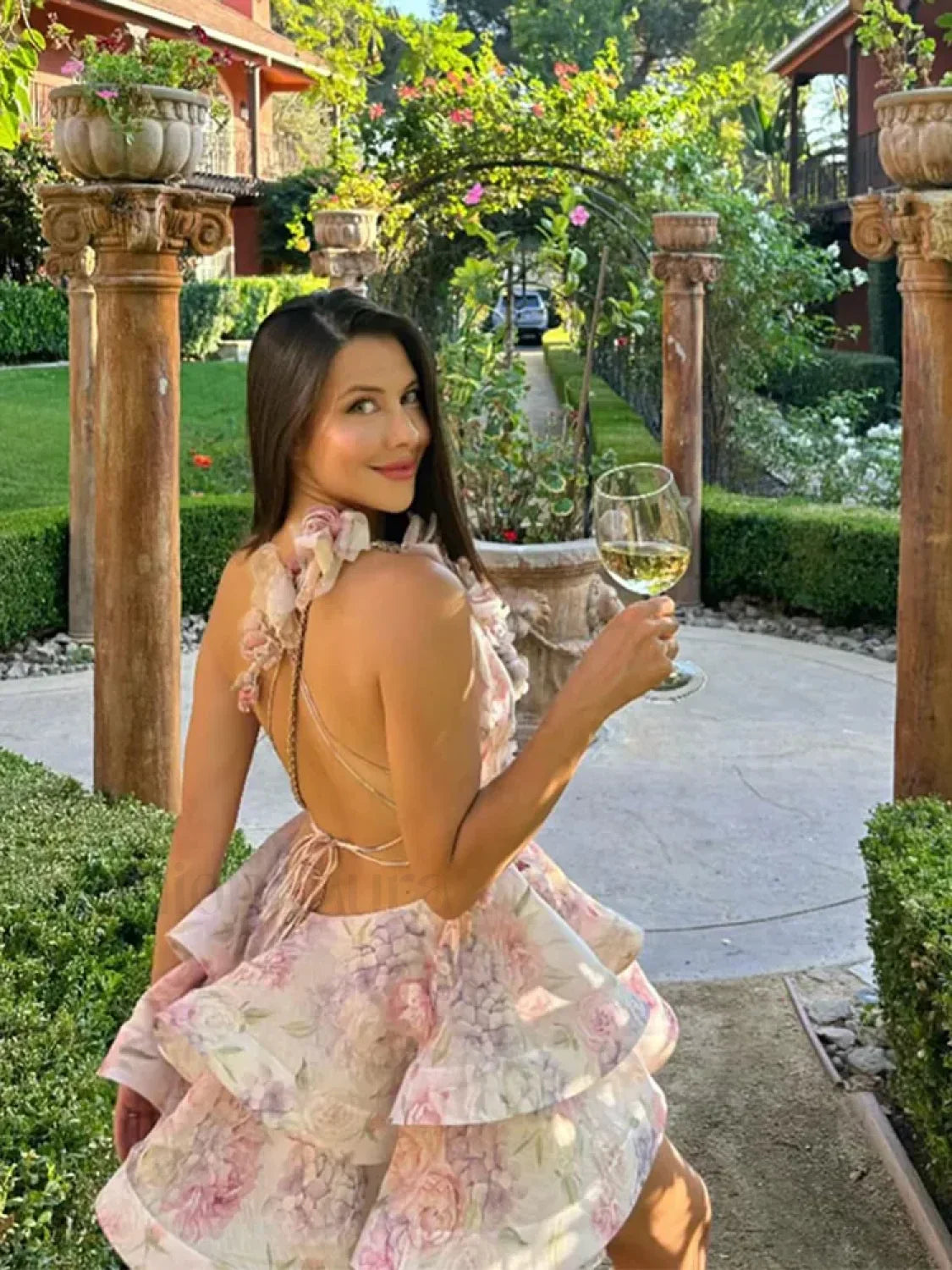 3D Flowers Lace Up Halter Backless Pleated Floral Dress Summer Beach Floral Dress