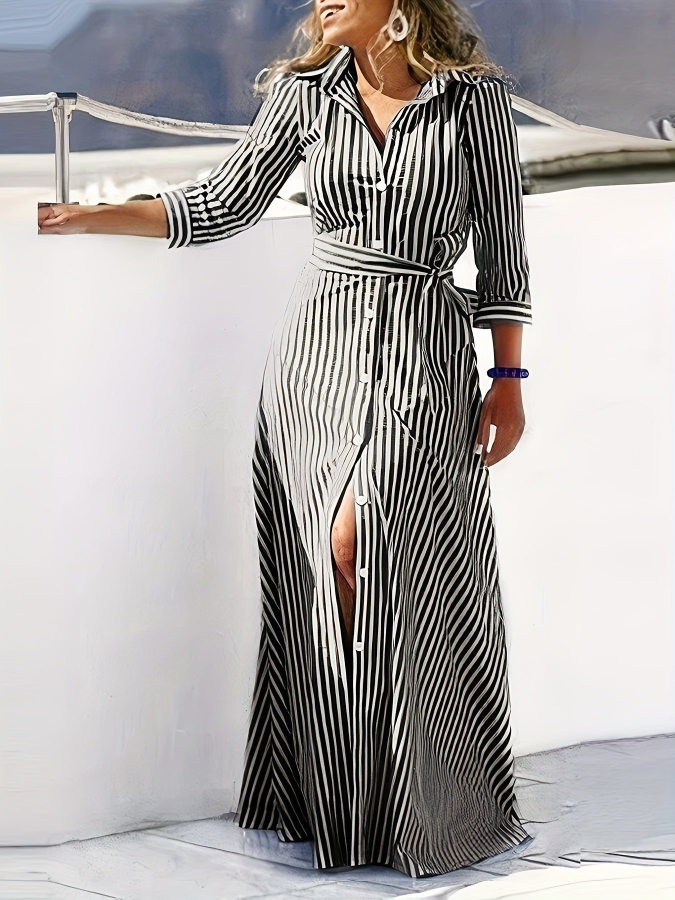 Button Down Tie Waist Long Sleeve Maxi Shirt Dress