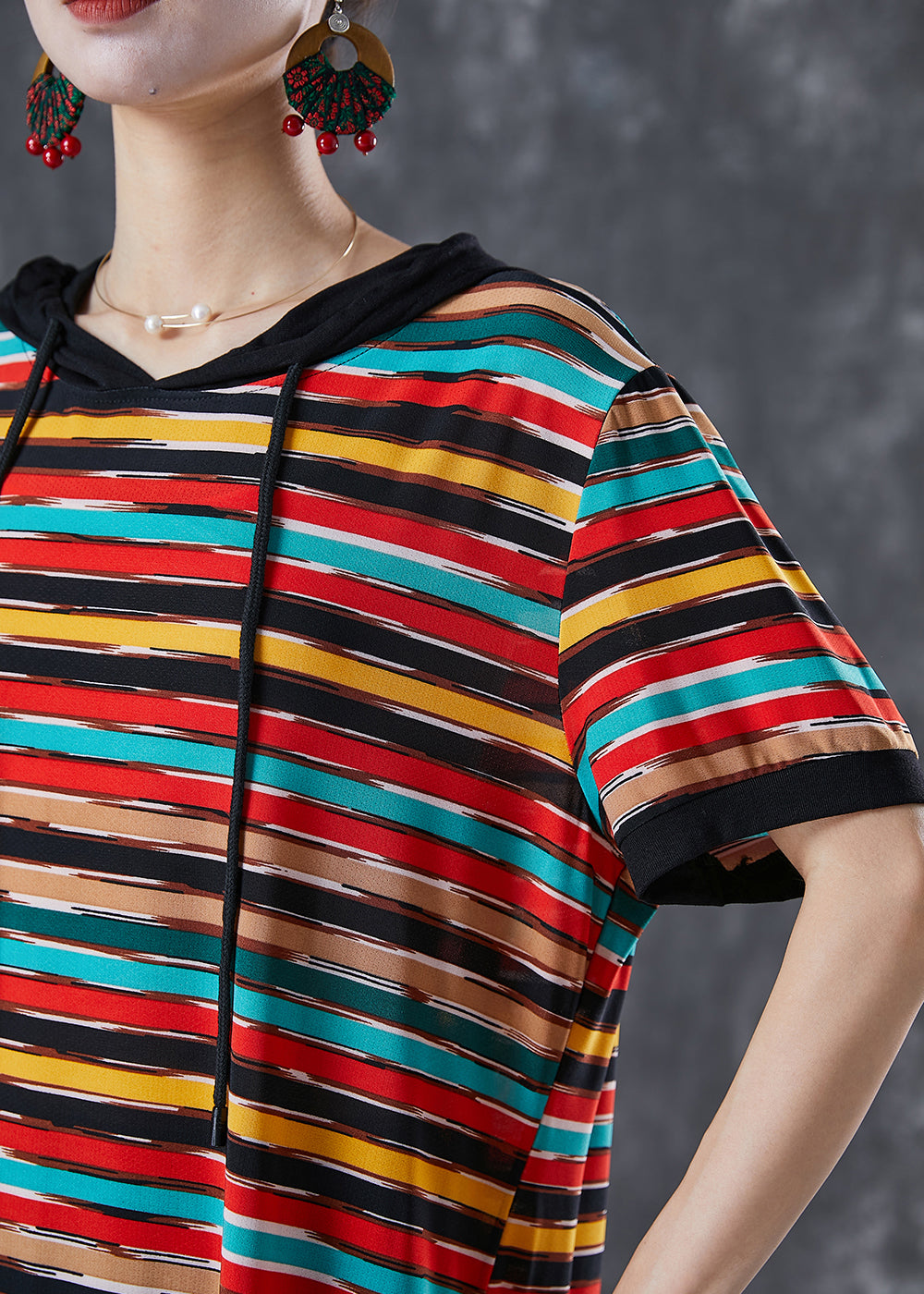 Hooded Short Sleeve Brushstroke Stripe Print Shift Dress