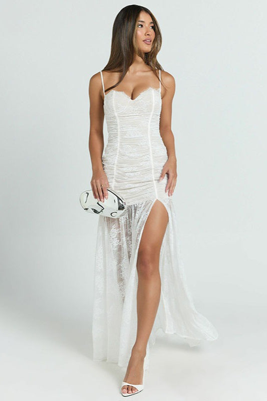 Sheer Ruched Split Cami Maxi Lace Dress 9