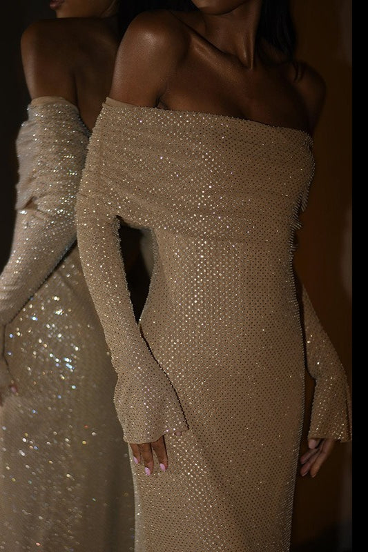 Rhinestone Off Shoulder Long Sleeve Bodycon Midi Dress - View 7