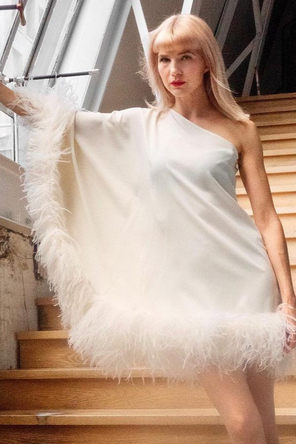 One Shoulder Cape Sleeve Feather Hem Shift Mini Party Dress