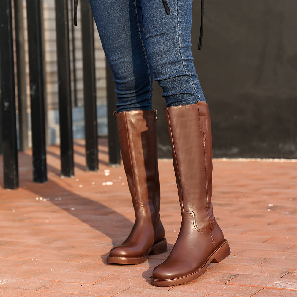 Handmade Soft��Leather Knee High Boots Side Zip Riding Boots Short Plush Lining in Black/Brown