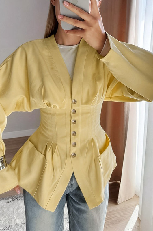 V-Neck Dolman Sleeve Pintuck Waist Button Front Pocket Jacket 2