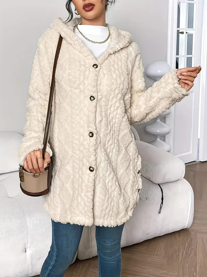 Textured Plush Fleece Button Front Hooded Cardigan Coat