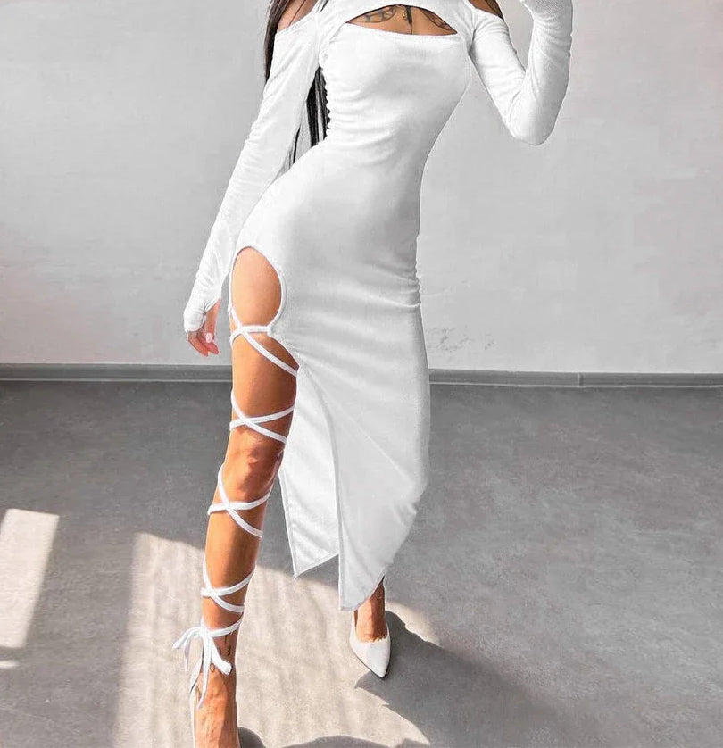 Hollow Lace Up Slit Sleeve Midi Dress