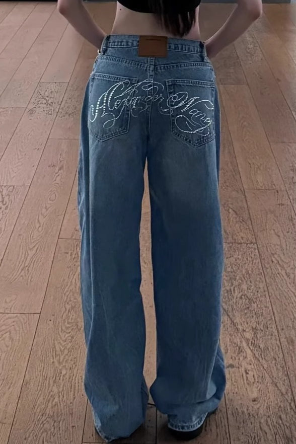 Vintage Washed Wide-Leg Denim Jeans