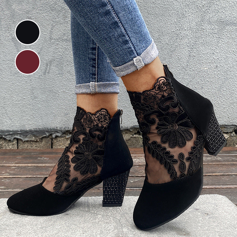 Floral Lace Mesh Rhinestone Block Heel Ankle Boots