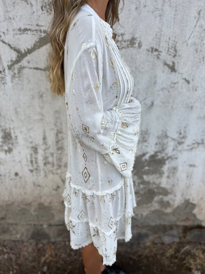 V-Neck Mandarin Collar Button Front Tiered Ruffle Lace Trim Mini Dress