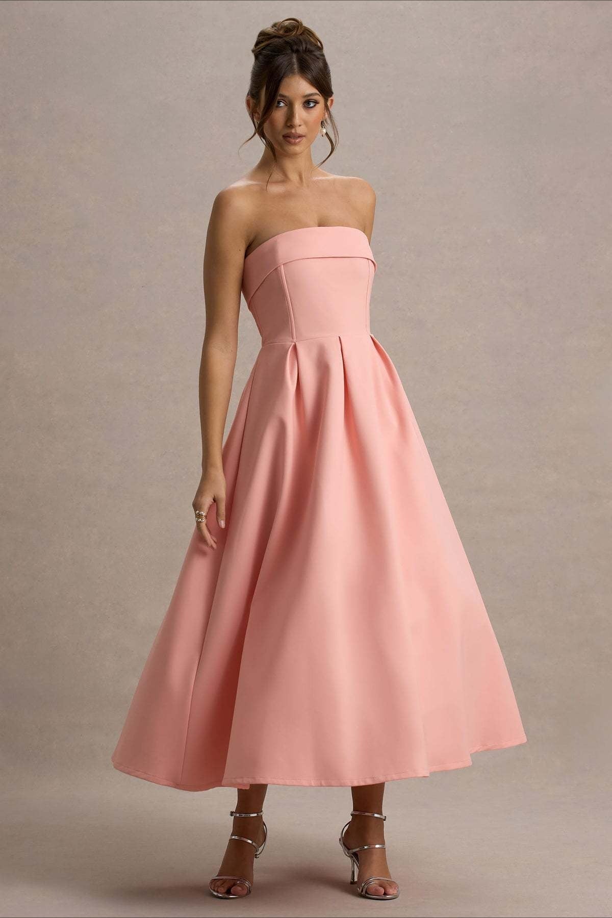 Strapless Fold Over Neck Box Pleat A-Line Midi Cocktail Dress