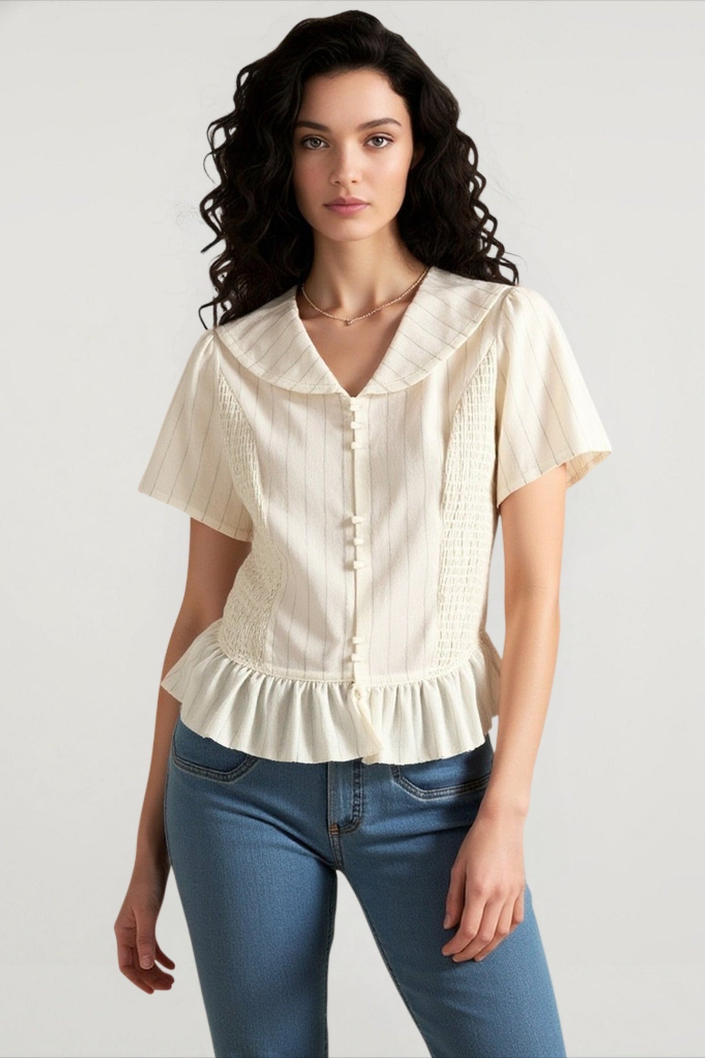 Linen Stripe V Neck Tie Waist Blouse