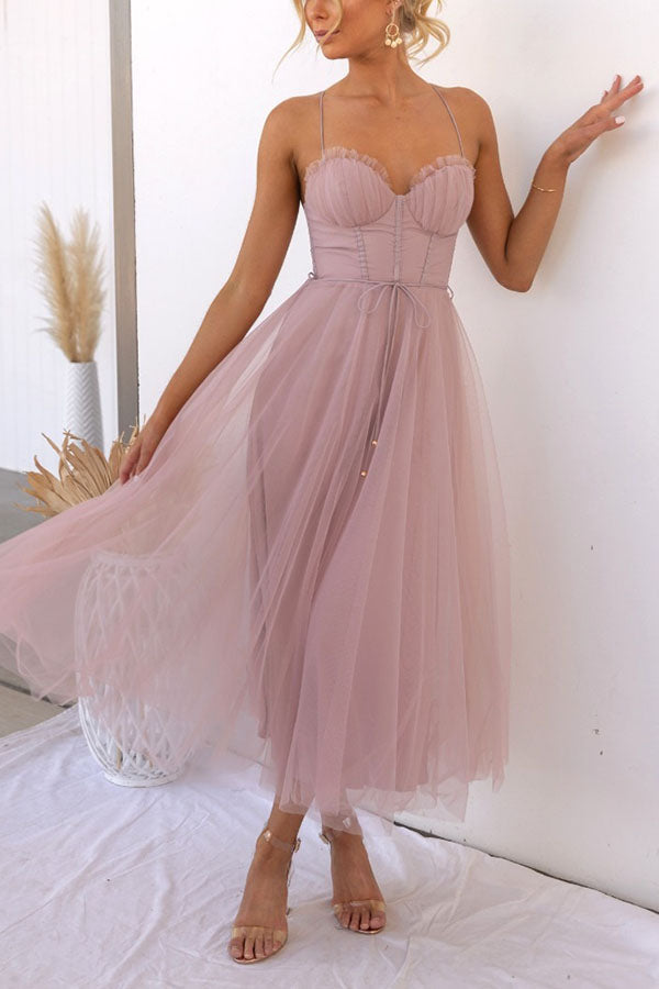 Tulle Corset Bustier Sweetheart Spaghetti Strap Tie Waist Midi Party Dress