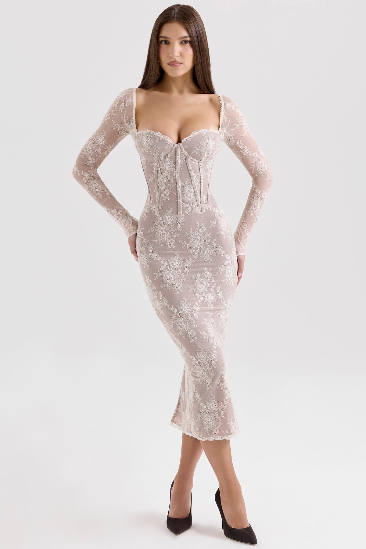 Floral Lace Corset Bodice Sweetheart Long Sleeve Midi Dress 3
